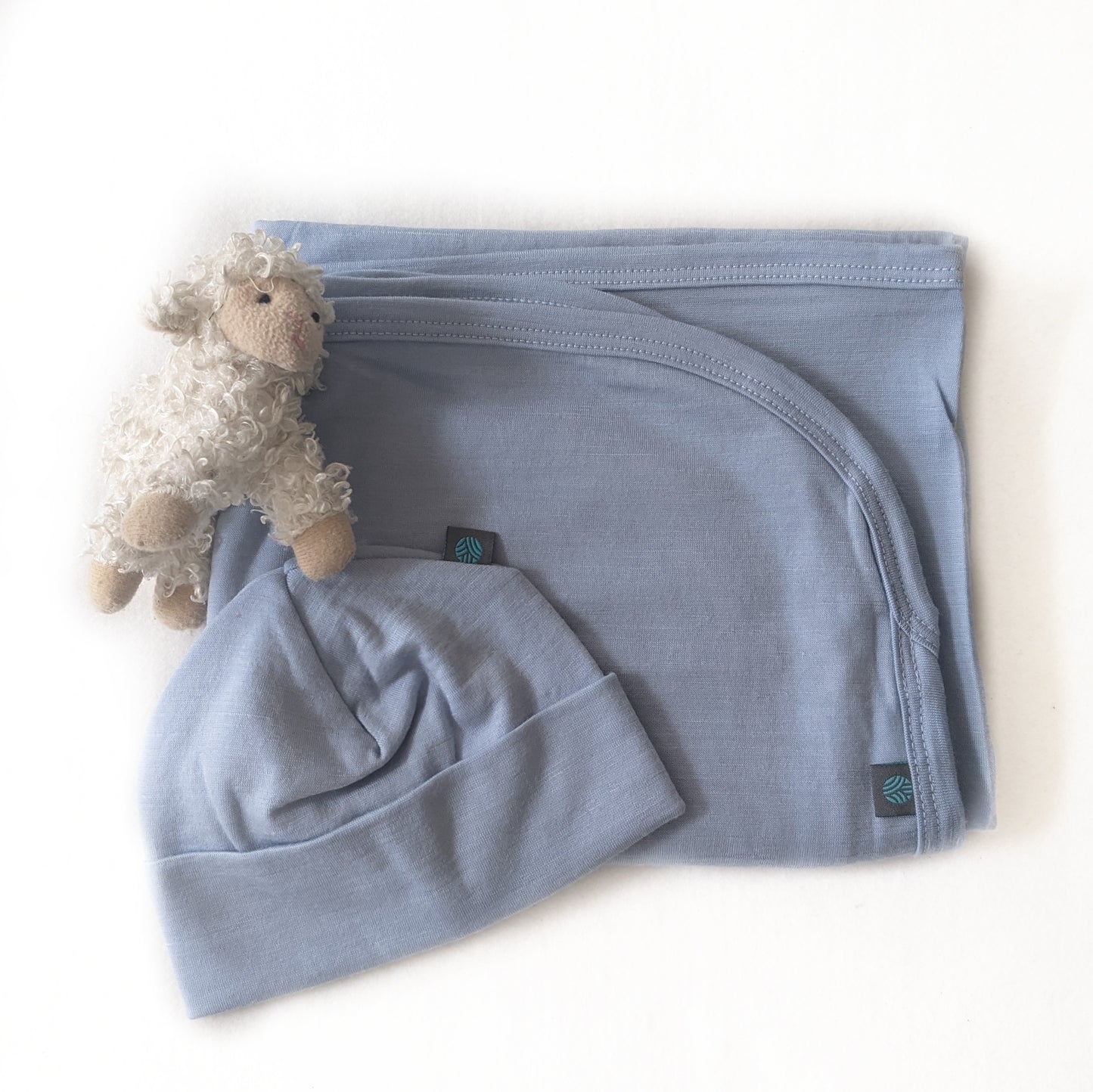 Merino Wool Blue Swaddle Blanket + Hat Gift Set