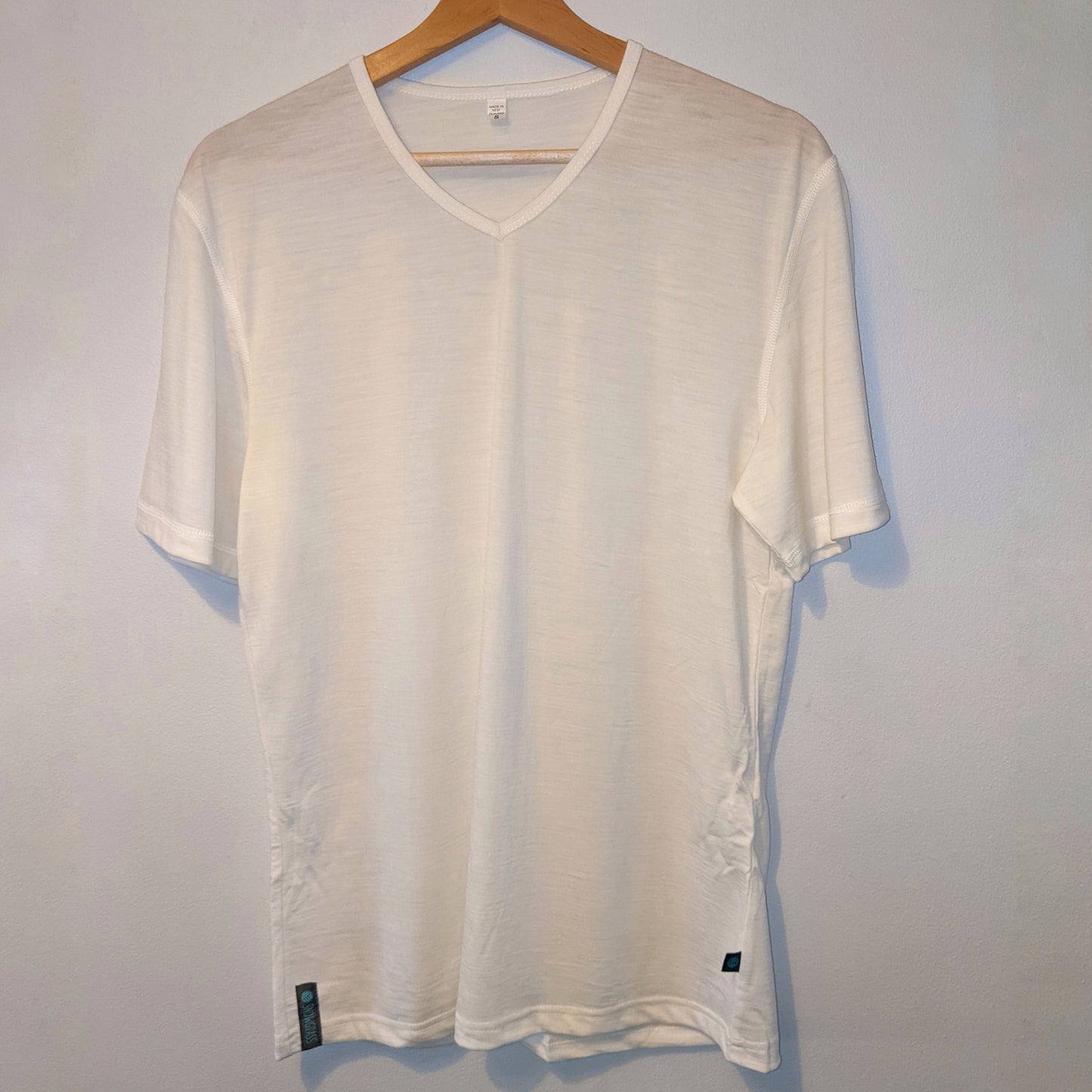 Soft White V Neck Merino Wool Short Sleeved Mens Top