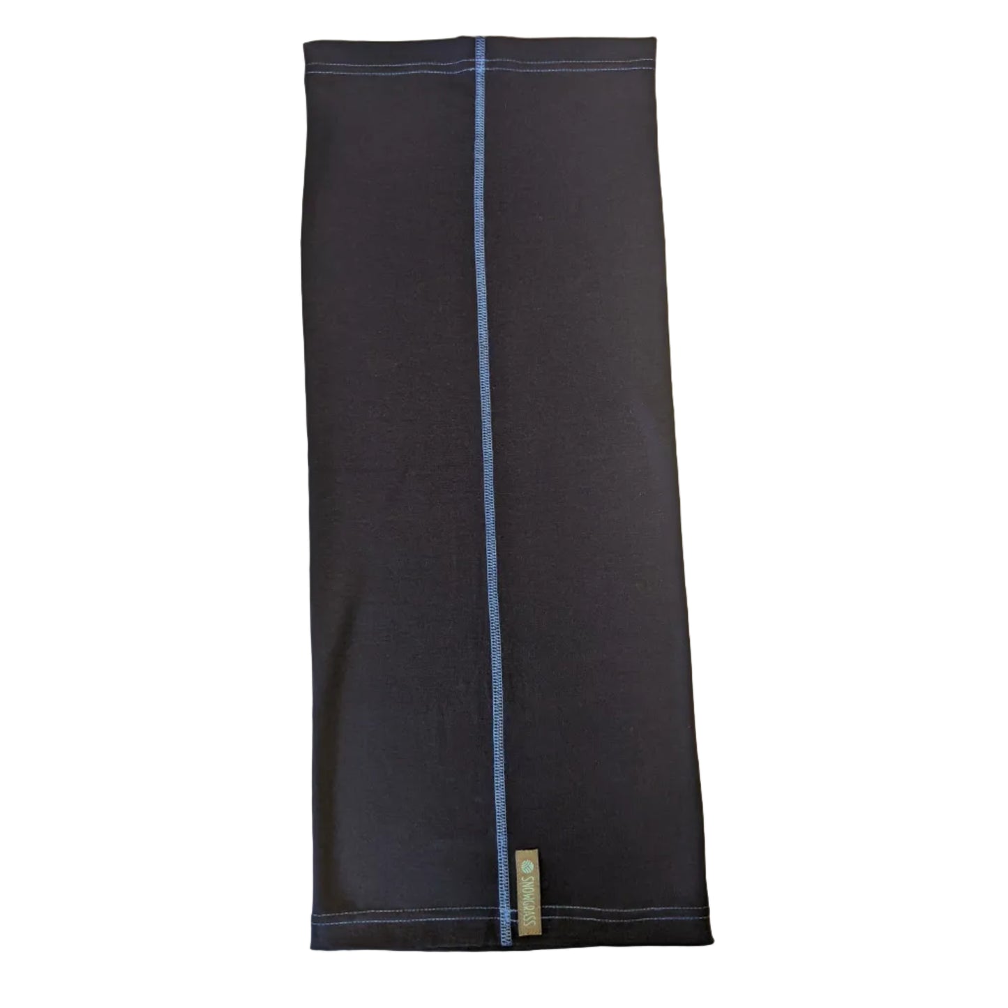 A long navy merino wool neck gaiter with a light blue center stripe and a brand tag.