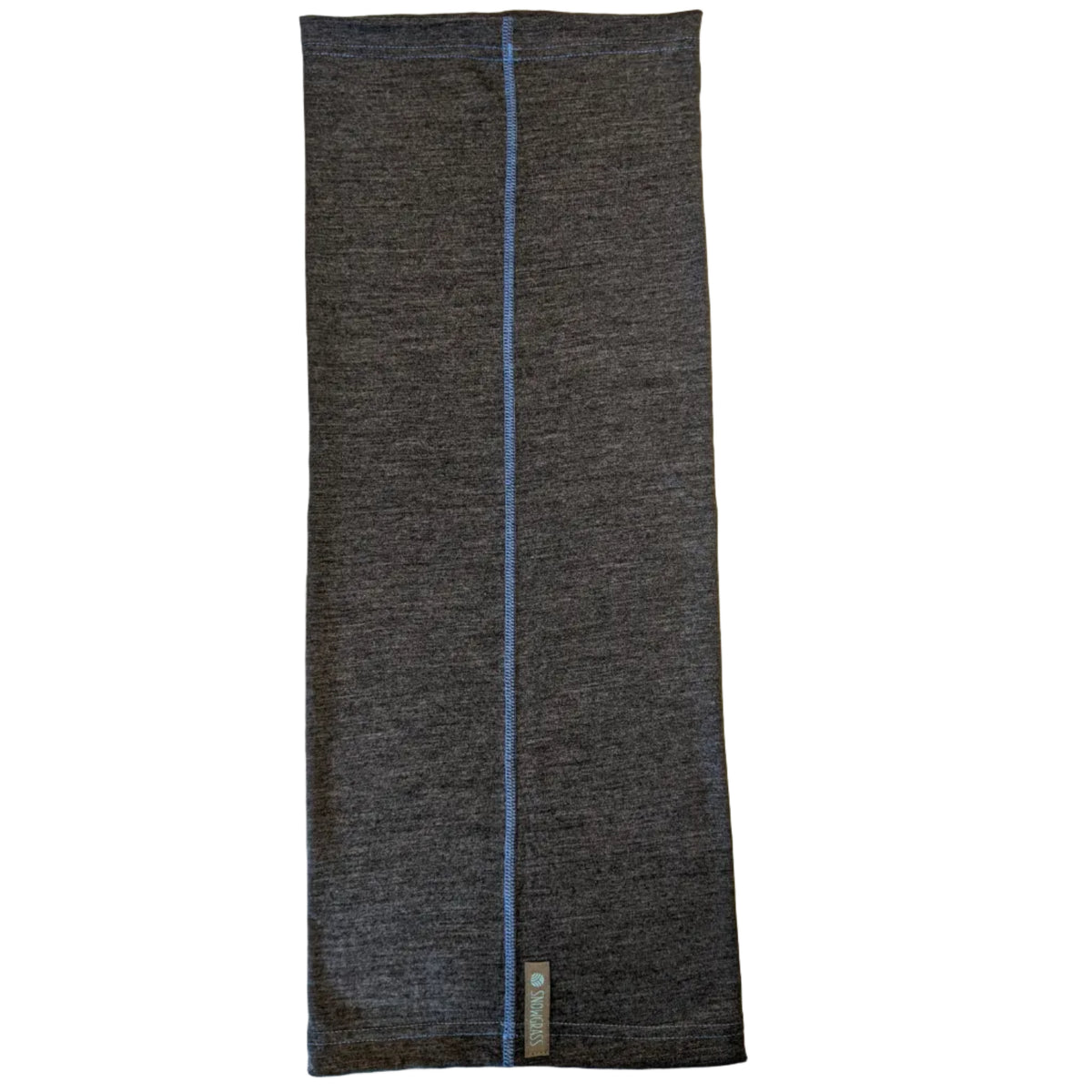 A charcoal merino wool neck gaiter featuring a single light blue stitched seam running down the center and a small brand tag near the bottom.