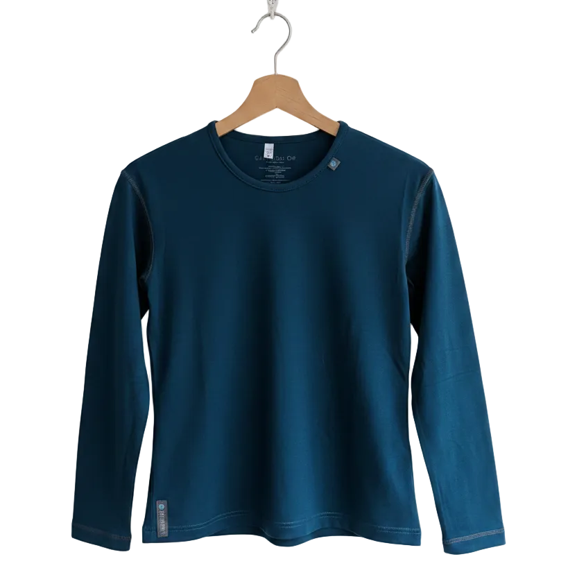 A peacock coloured long-sleeve crewneck Merino Wool Top hanging on a wooden hanger against a plain white background.