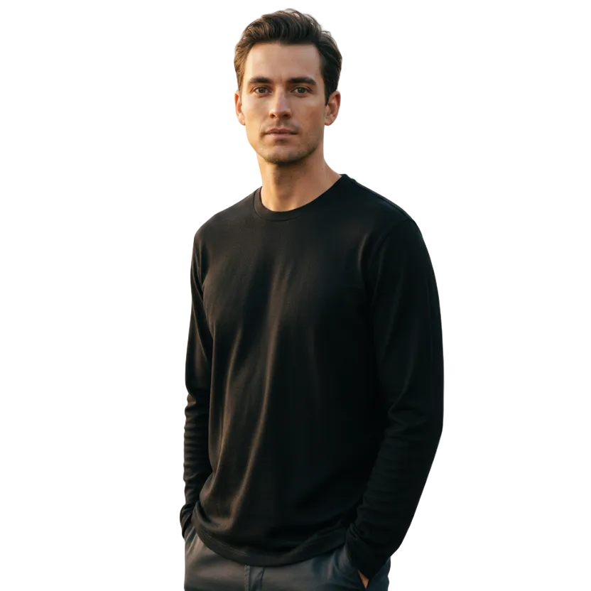 Black Long Sleeved Merino Wool Mens Top