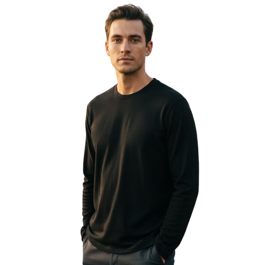 Black Long Sleeved Merino Wool Mens Top
