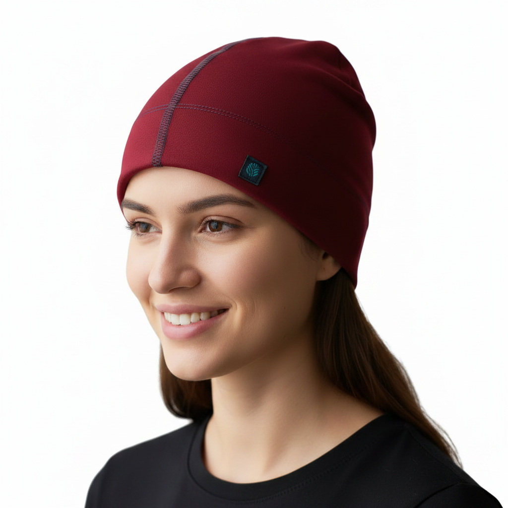 A woman wearing a deep red knit beanie hat with a subtle vertical seam and a small dark logo patch on the side, shown against a plain white background.