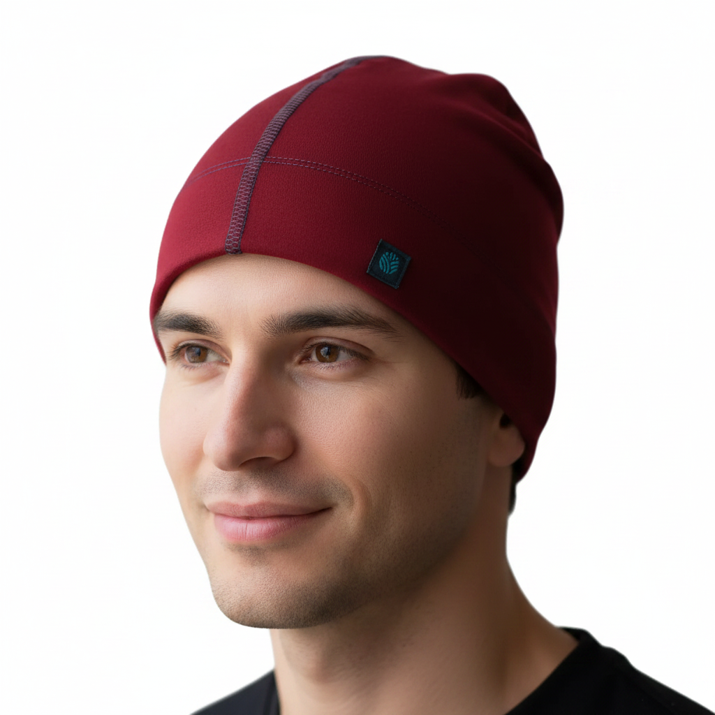 A man wearing a deep red knit beanie hat with a subtle vertical seam and a small dark logo patch on the side, shown against a plain white background.