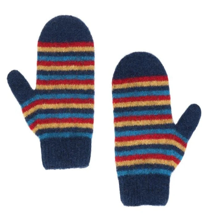 A pair of knit winter mittens with horizontal stripes in navy blue, red, yellow, and light blue, shown against a plain white background.
