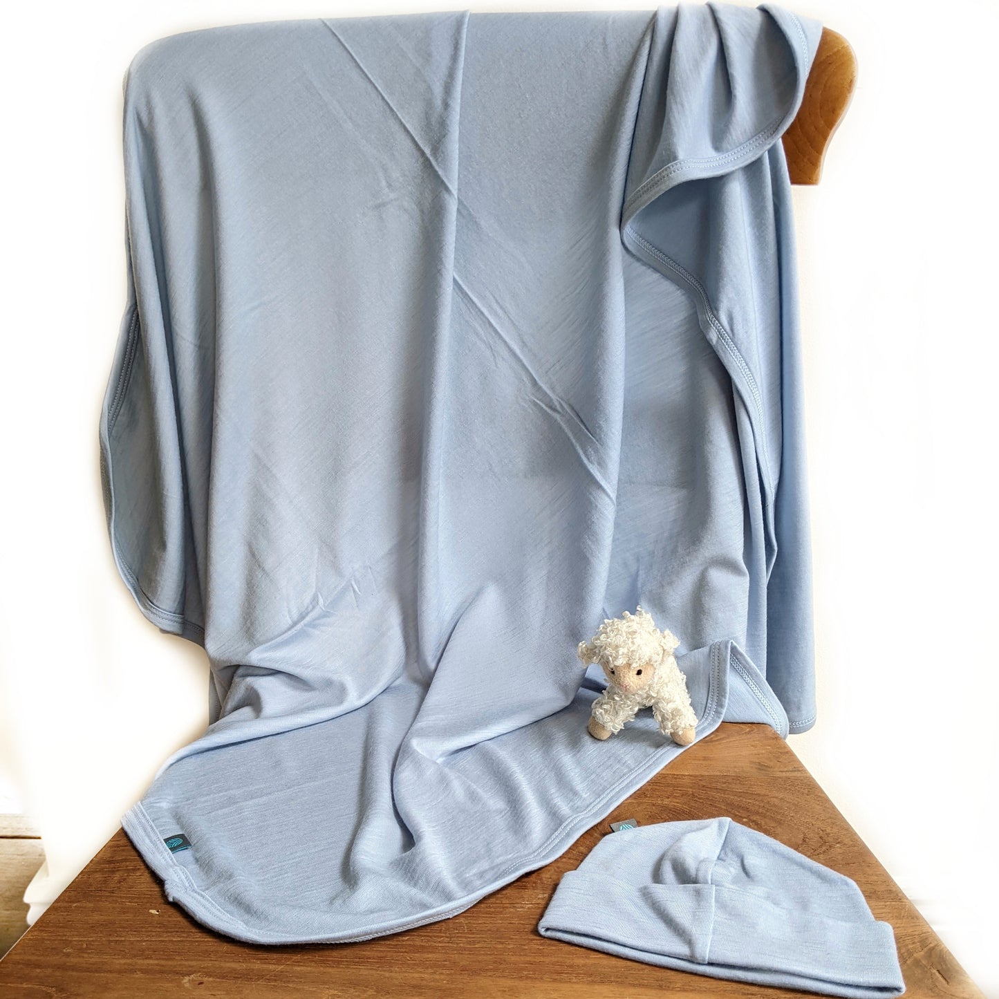 Merino Wool Blue Swaddle Blanket + Hat Gift Set