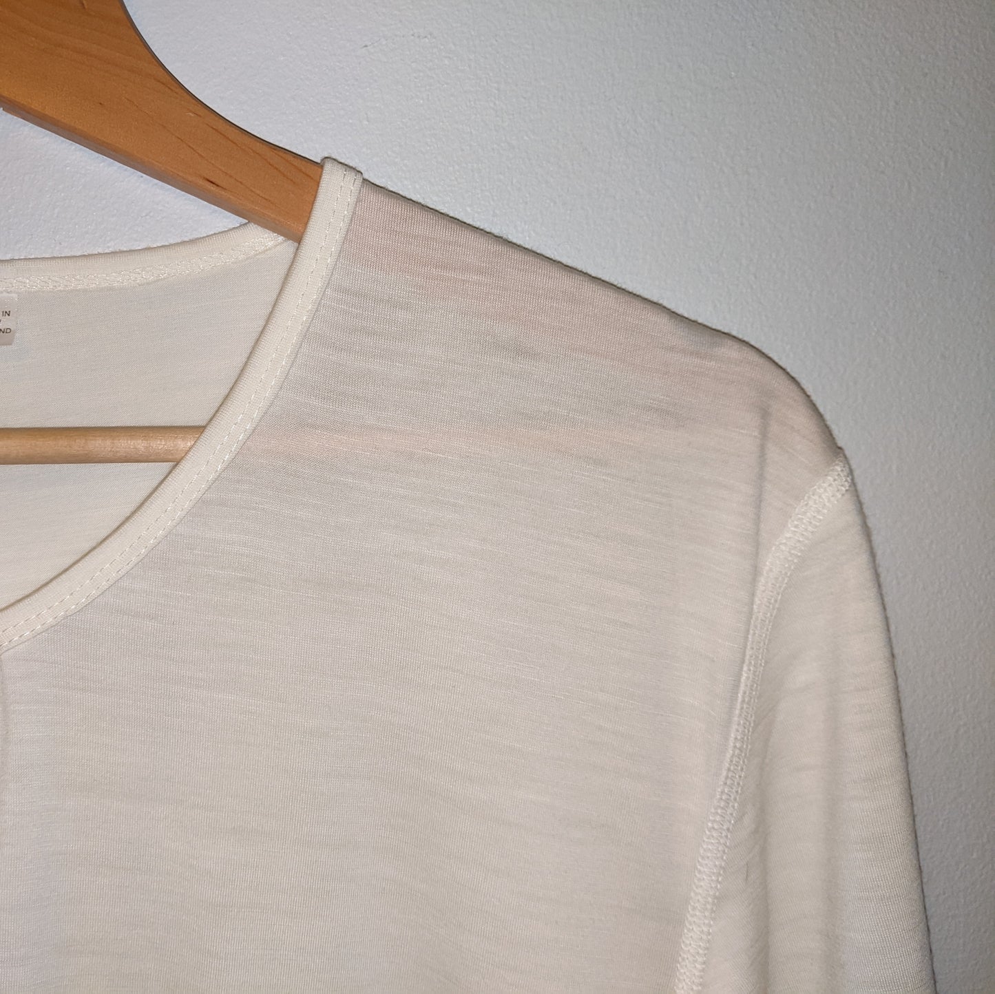 Soft White V Neck Merino Wool Short Sleeved Mens Top