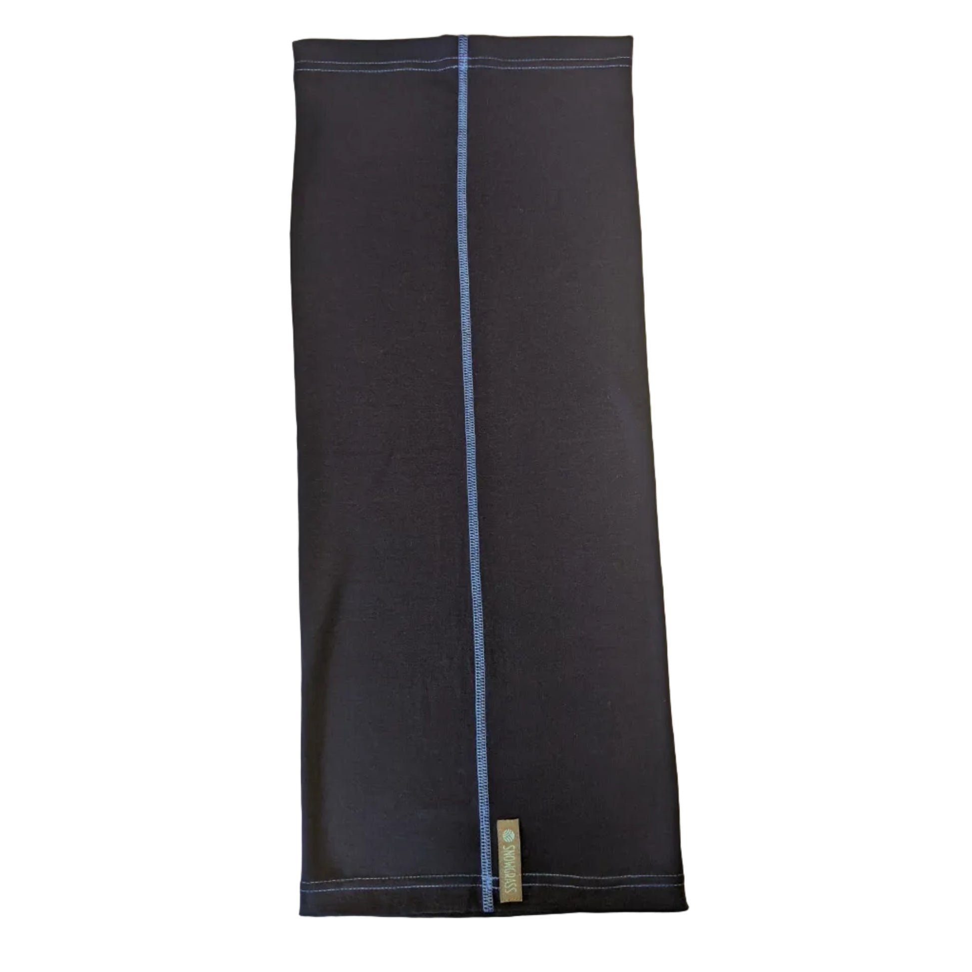 A long navy merino wool neck gaiter with a light blue center stripe and a brand tag.