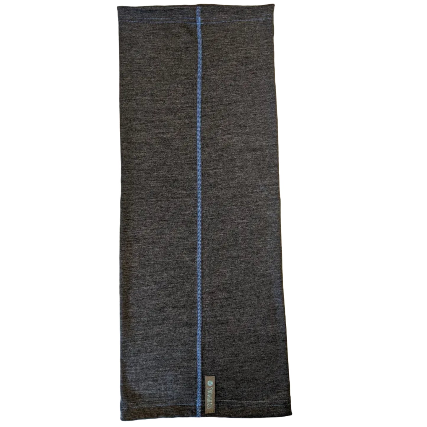 A charcoal merino wool neck gaiter featuring a single light blue stitched seam running down the center and a small brand tag near the bottom.