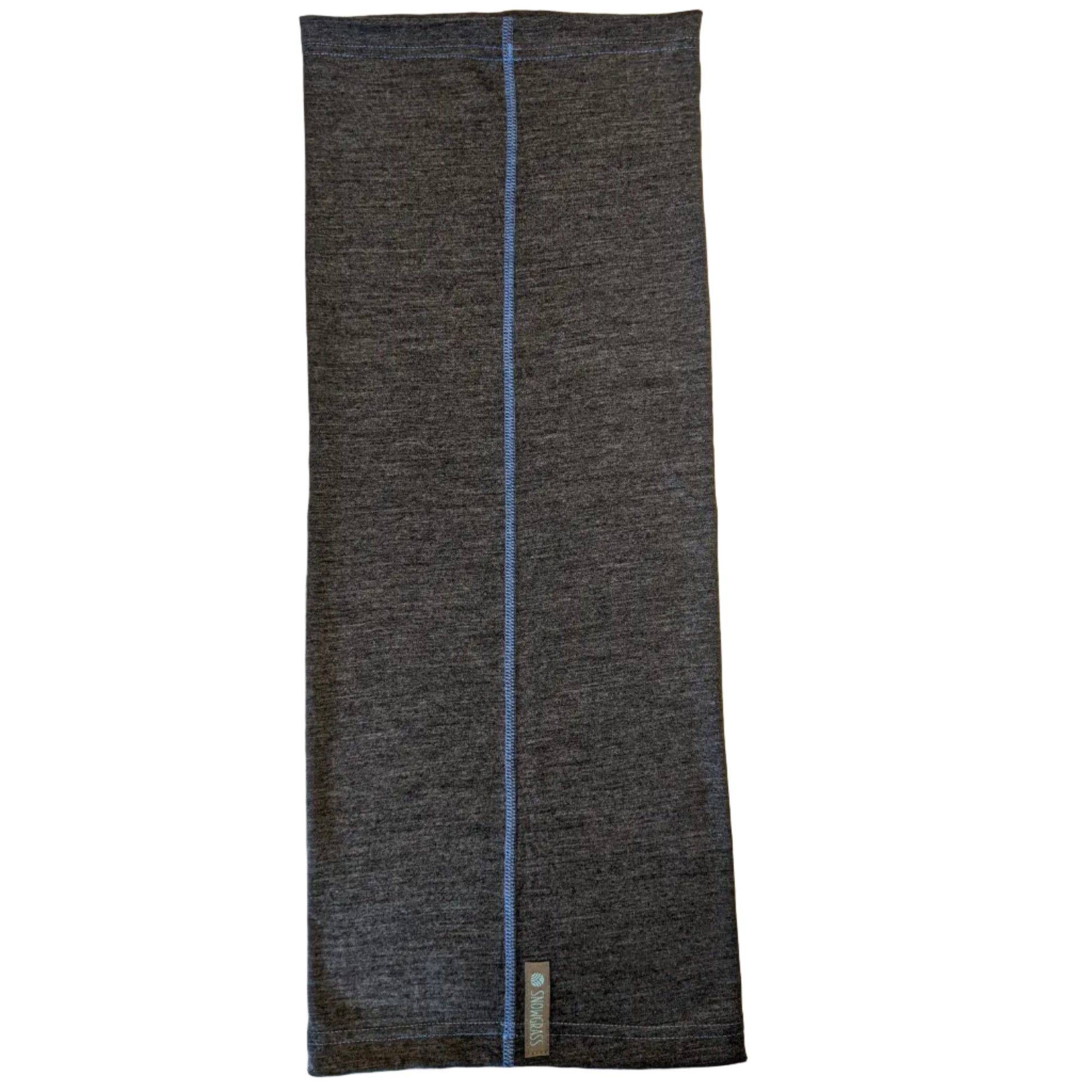 A charcoal merino wool neck gaiter featuring a single light blue stitched seam running down the center and a small brand tag near the bottom.