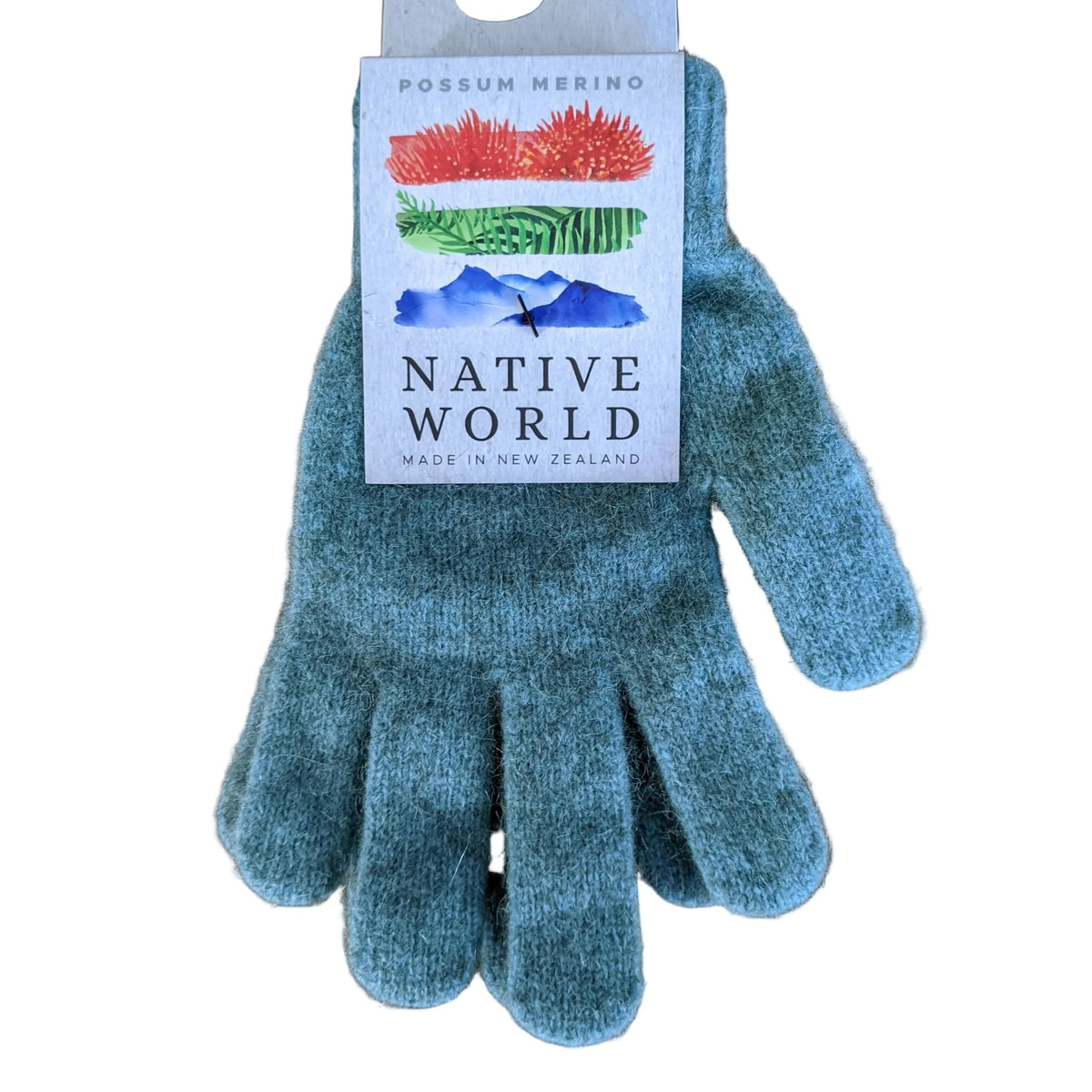 A single knit glove in a muted blue-green color, attached to a white paper hang tag that reads 'Native World' and 'Possum Merino Made in New Zealand.'