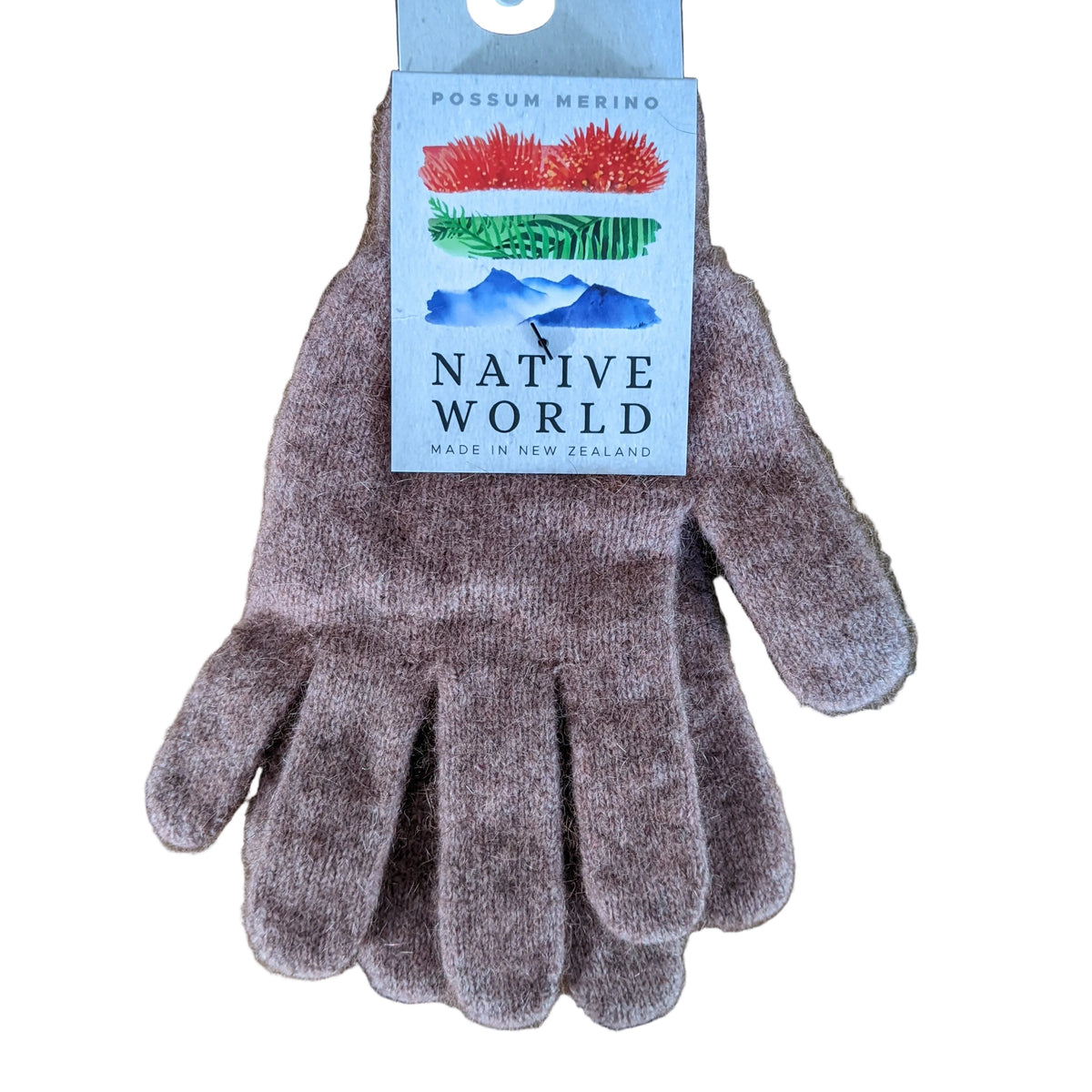 A pair of Native World Possum Merino knit gloves in a dusty pink color, with the brand's hang tag attached.