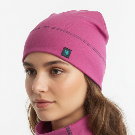 A woman wearing a bright pink merino wool beanie and matching neck gaiter with a small dark brand tag, shown against a plain light gray studio background.