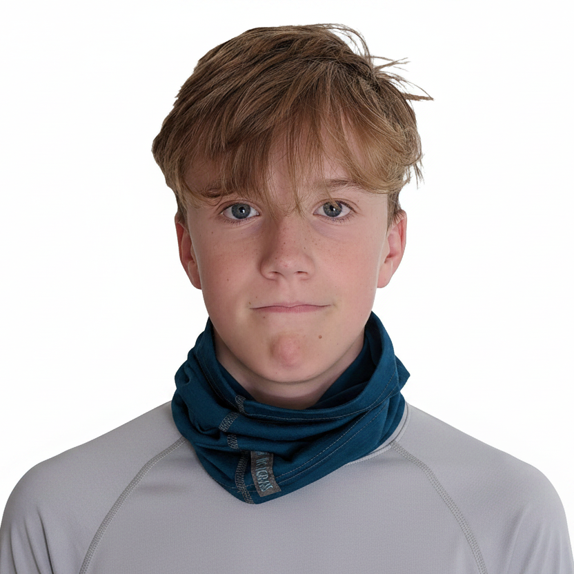 A young man with light brown hair wearing a gray long-sleeve shirt and a dark teal Merino Wool neck gaiter, photographed against a solid white background.