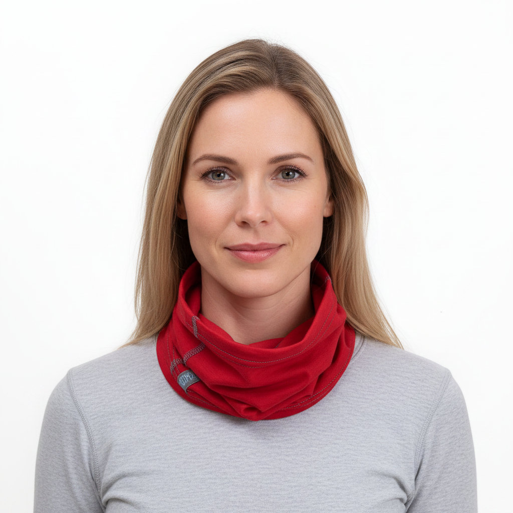 Adult female model wearing Chilli Red Merino Wool Neck Gaiter with light grey base layer