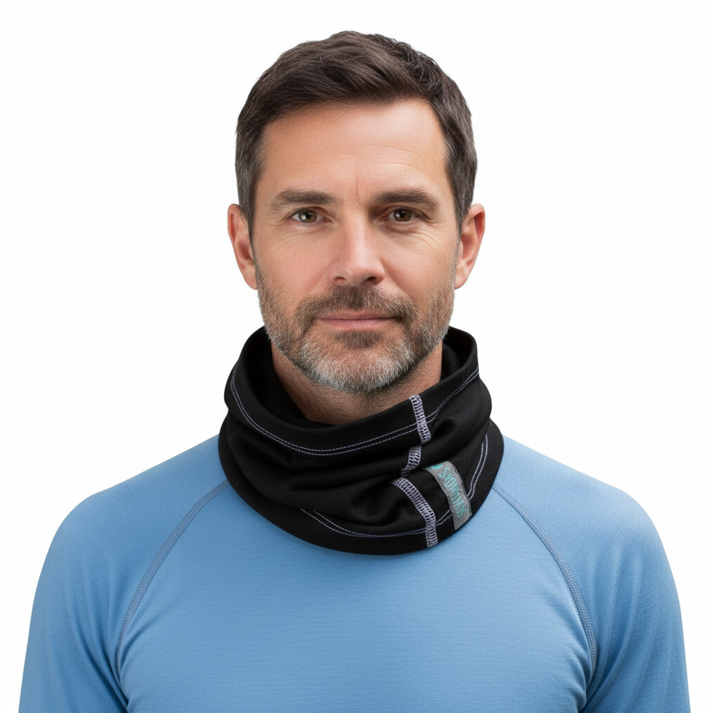 Adult male model wearing Black Merino Wool Neck Gaiter with light blue base layer