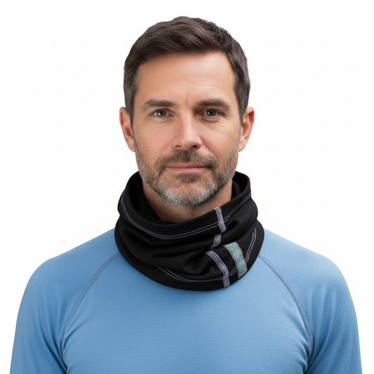Adult male model wearing Black Merino Wool Neck Gaiter with light blue base layer