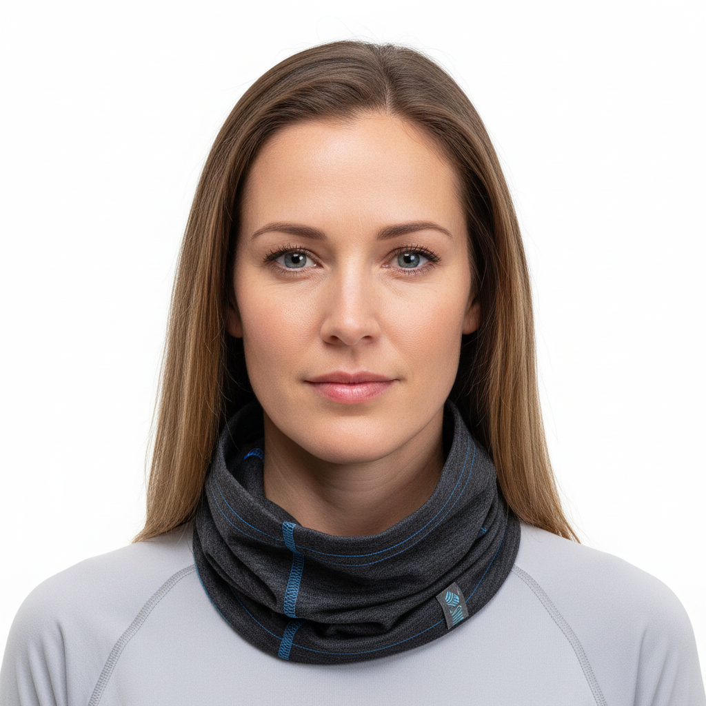 Adult female model wearing Charcoal Merino Wool Neck Gaiter with light grey base layer