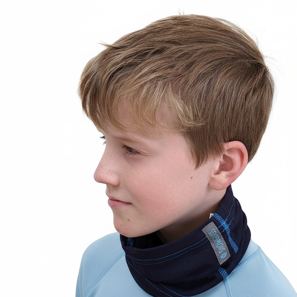 Child model wearing Midnight Blue Merino Wool Neck Gaiter with light blue base layer