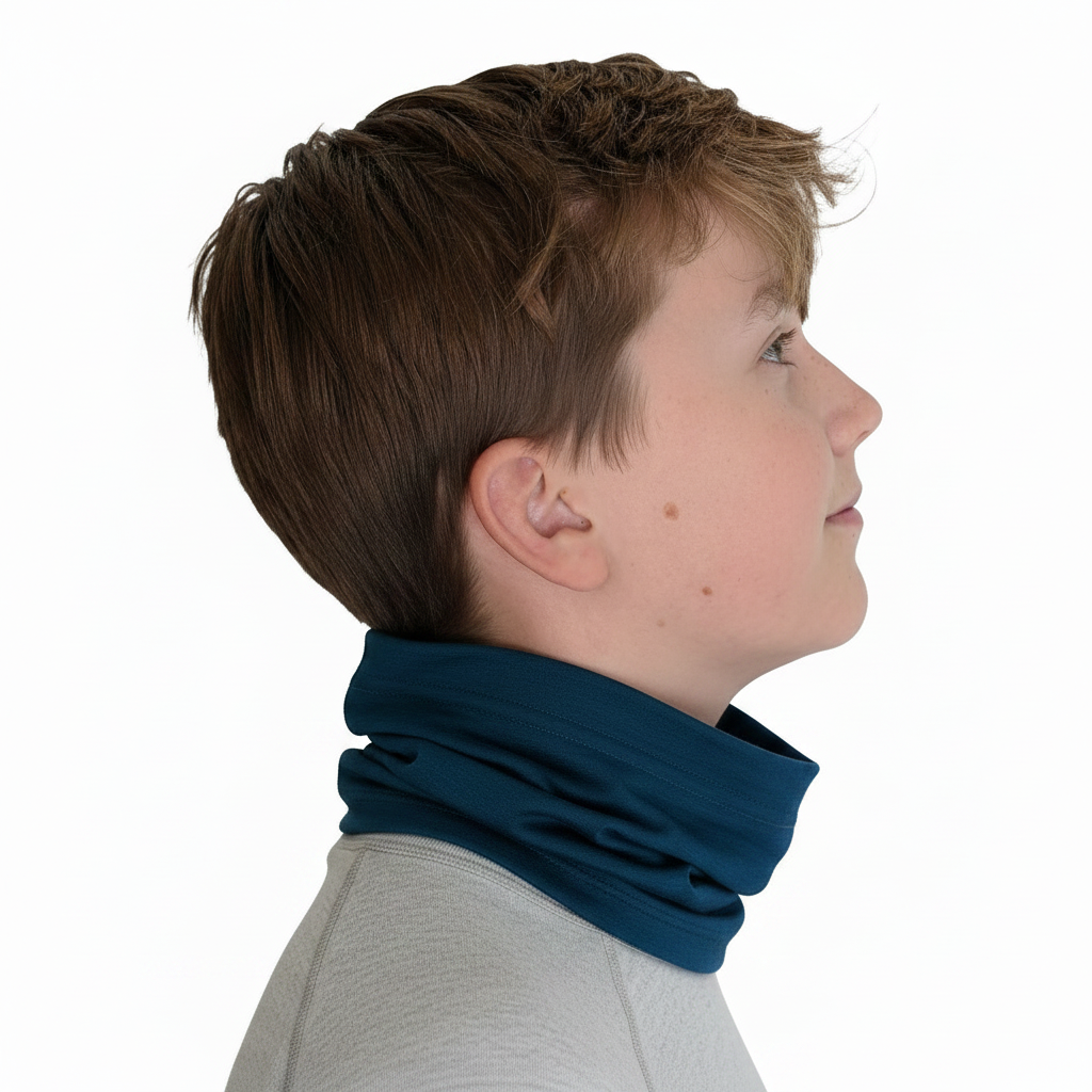 Side profile model wearing Peacock Merino Wool Neck Gaiter with light grey top