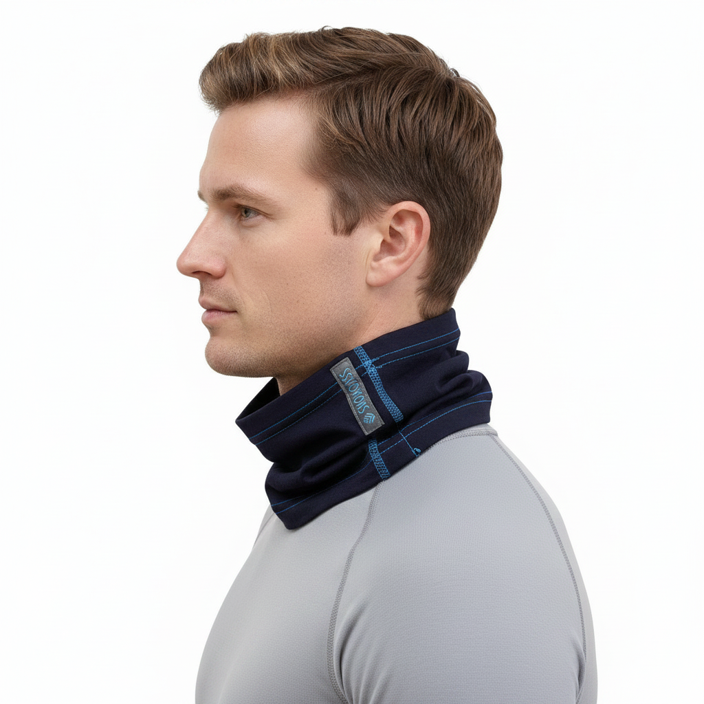 Adult male model wearing Midnight Blue Merino Wool Neck Gaiter with light grey base layer