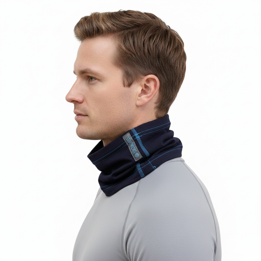 Adult male model wearing Midnight Blue Merino Wool Neck Gaiter with light grey base layer