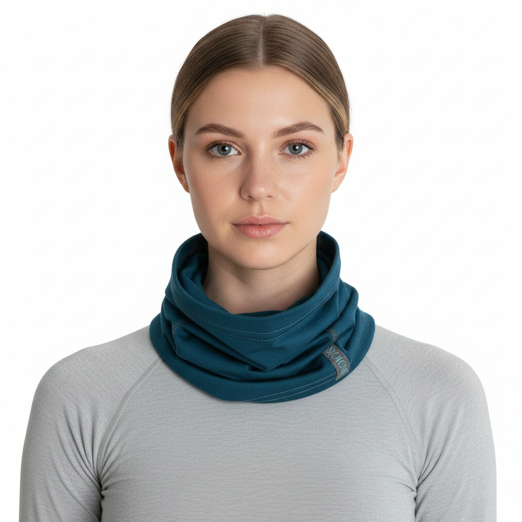 Female model wearing Peacock Merino Wool Neck Gaiter with label visible and light grey top